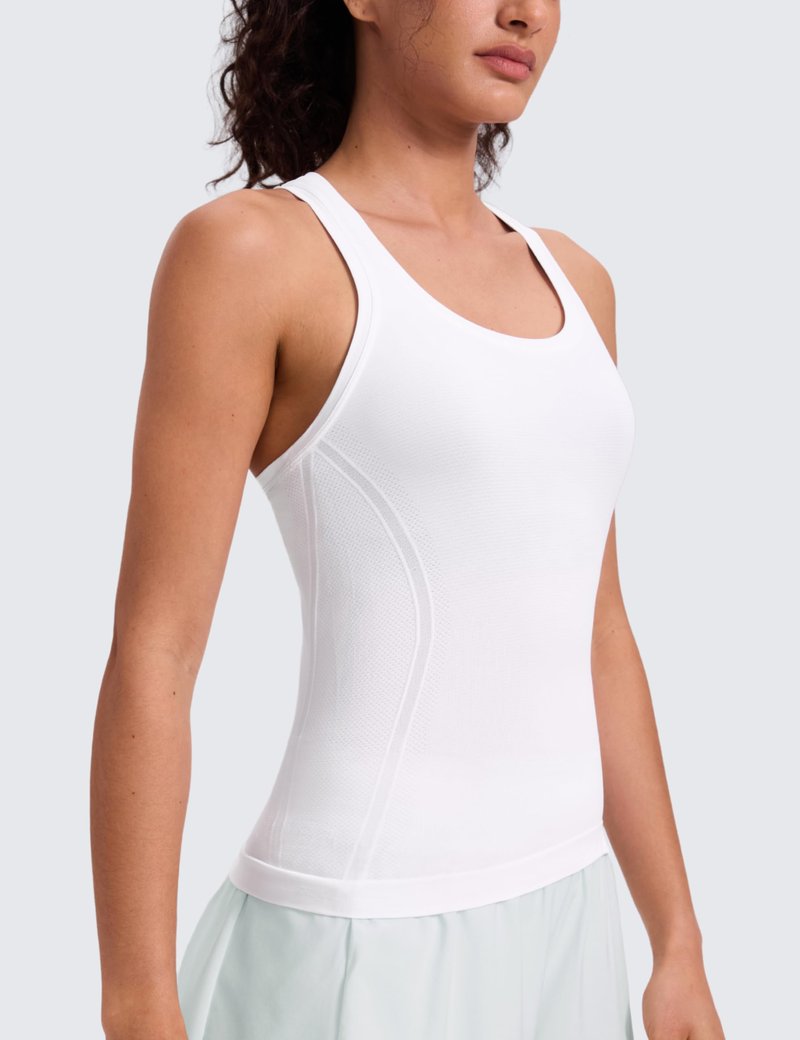 CRZ YOGA Seamless Racerback Tank Tops for Women - Gym Workout Athletic Running Sleeveless Shirts Breathable Scoop Neck White Small