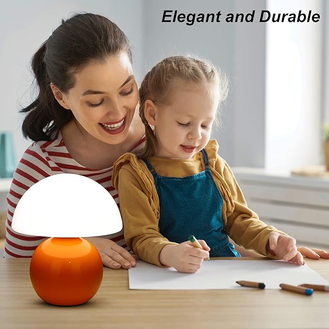 Small Mushroom Lamp,USB-Plug in Bedside Table Lamps with 3-Temperature LED Bulb Dimmable,Unique Cute Aesthetic Home Decor for Living Room,Bedroom, Modern Ceramic Base Glass Lamp(Orange)