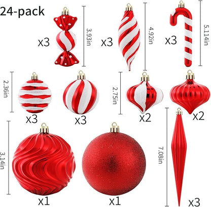 Christmas Ball Ornaments Set Shatterproof Christmas Tree Ornaments 24 PCS Painted Shaped Styles Xmas Tree for Holiday Decor,Red