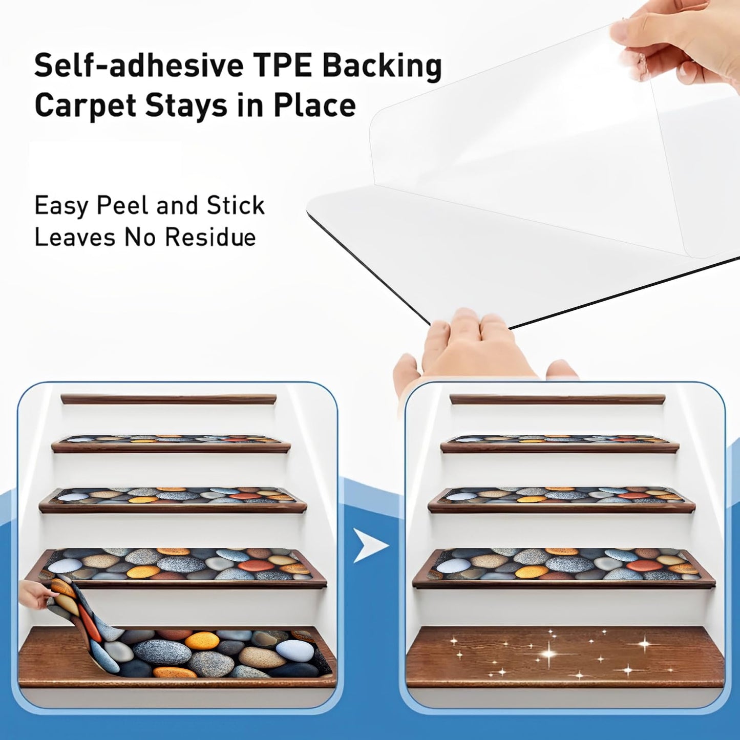 15 Pack Non-Slip Stair Treads for Wooden Steps, 8" x 30" Self-Adhesive Indoor Carpet Stair Runners, Washable Safety Stair Mats with 3D Pebble Stone Print, Anti-Skid Rugs (Pebble Stone 1)