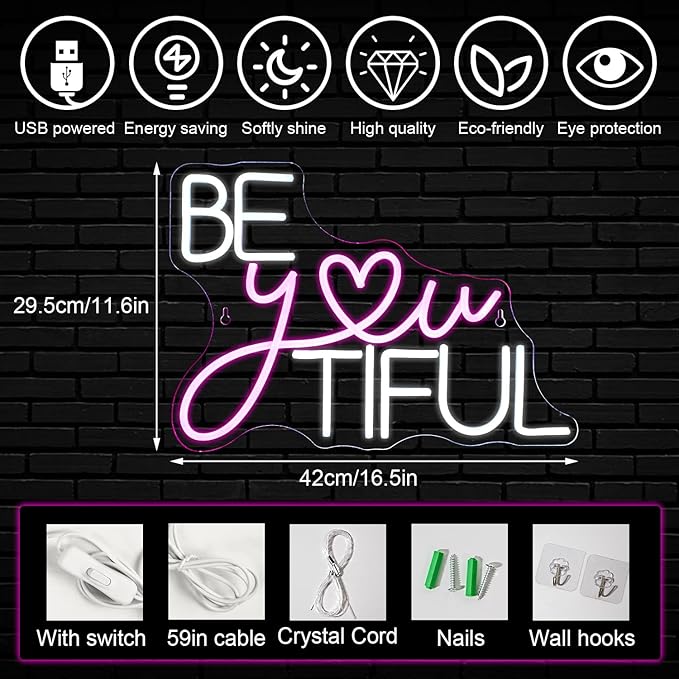 Horseneon Be You Tiful Neon Led Sign, Rectangular Pink Neon Light Sign, 16.5''*11.6'', Wall Mount, Modern Love Theme, USB Powered, Acrylic Material, Perfect for Room Decor, Salon, Party, Gift
