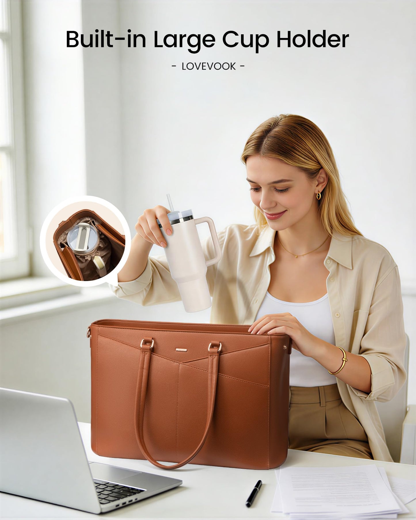 LOVEVOOK Laptop Tote Bag for Women 15.6 Inch Leather Work Bags with Large Cup Holder for Teacher Work Business,Brown