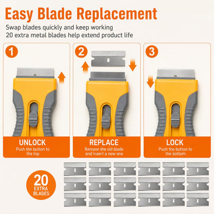 Razor Blade Scraper Set, 2 Safety-Lock Handles + 20 Steel Blades
