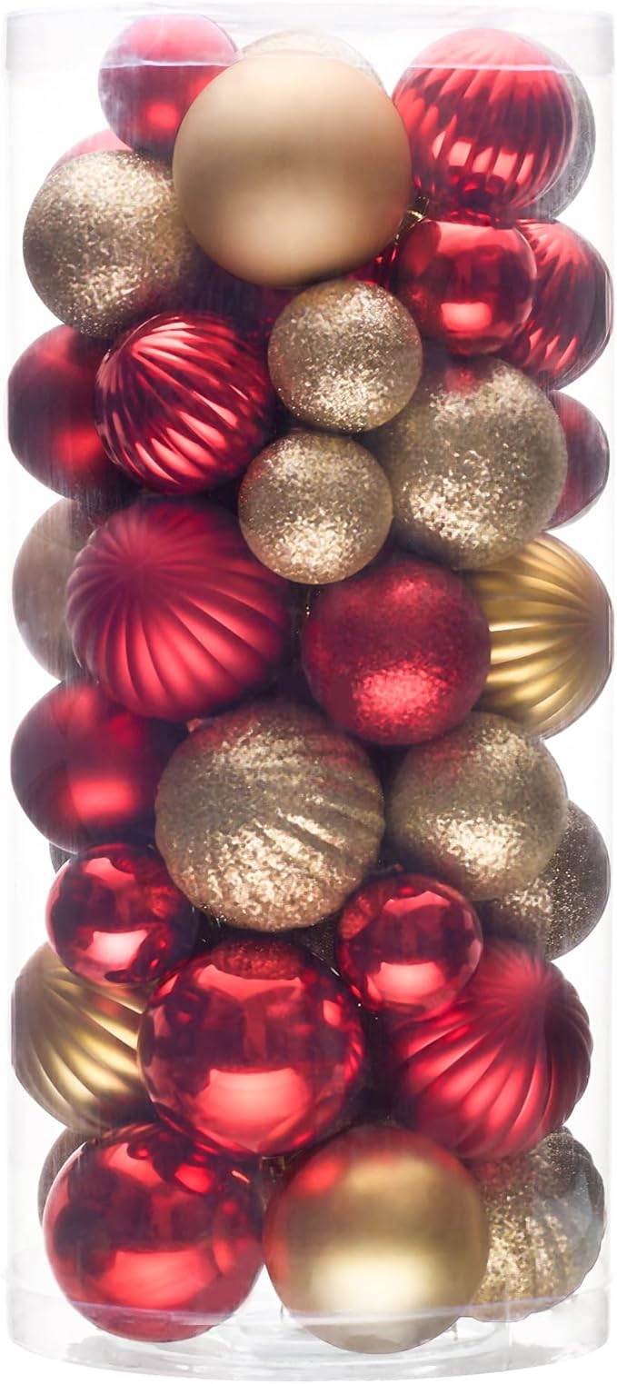 Christmas Tree Decorations Ornament Set, 50ct Red and Gold Shatterproof Christmas Ball Ornaments Hanging Xmas Holiday Party Decor(1.57"-2.36")