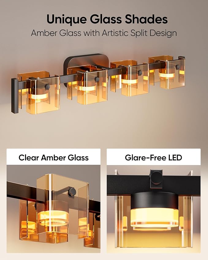 JACKYLED Bathroom Light Fixture, Modern 4-Light Vanity Lights with Art Glass Shades, 3 Color Temperatures LED Bathroom Lighting Fixture Over Mirror, 20W 1200 Lumen 30° Adjustable, Amber Glass