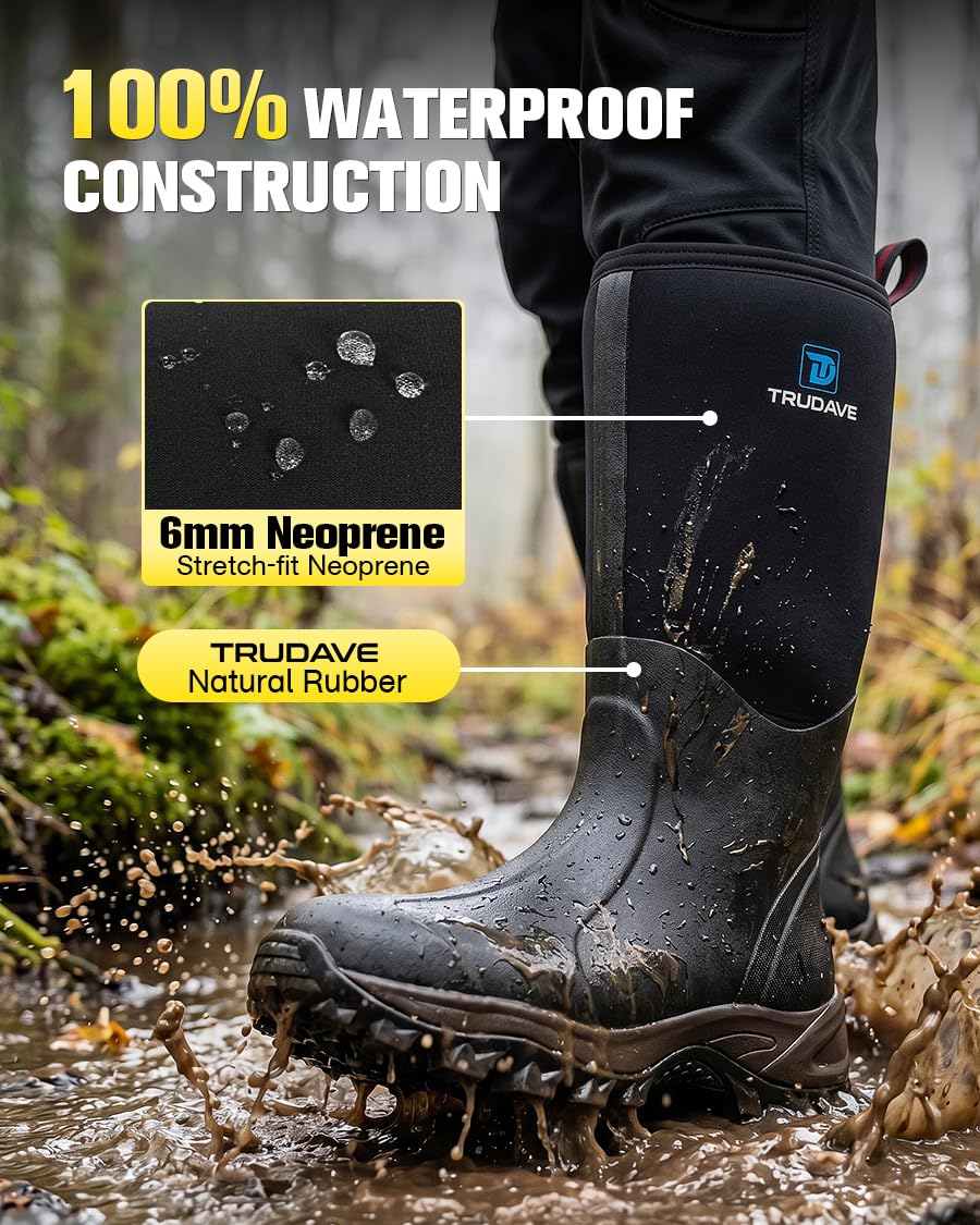 Rubber Boots for Men & Women with Steel Shank, Reliable 6mm Neoprene Waterproof Insulated Rain Boots, Warm Anti-slip High Traction Multi-season Dry Mud Boot for Outdoor Work Hunting, Size 5