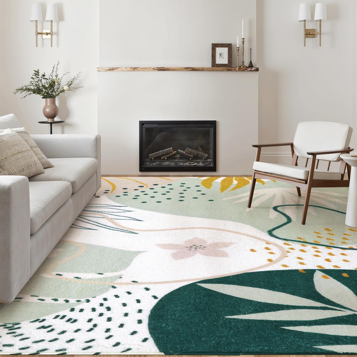 Lahome Green Washable Rugs 9x12 Living Room Rug, Non-Slip Backing Lightweight Extra Large Area Rug Ultra-Thin Throw Rus for Dining Room Table, Boho Botanical Print Soft Rug for Bedroom Classroom Home