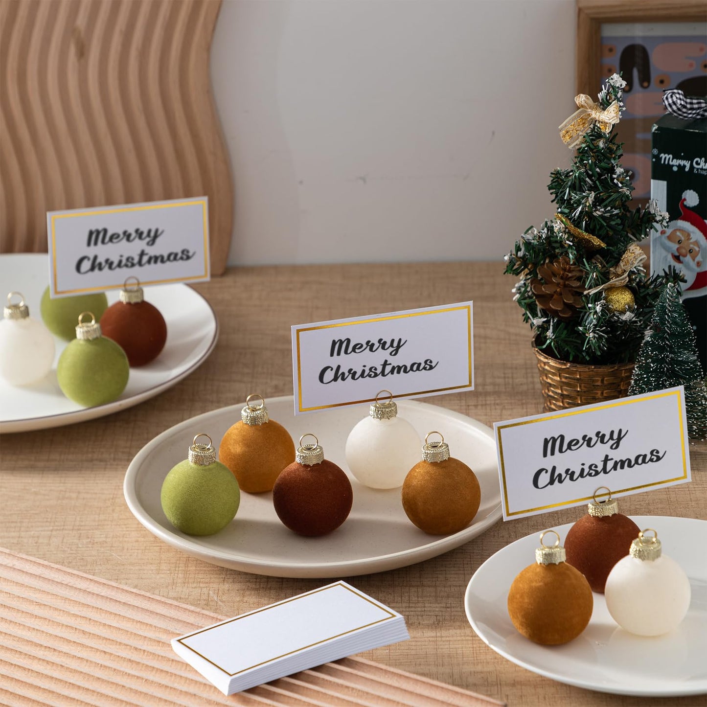 Nitial 12 Pcs Velvet Christmas Ornament Place Card Holders and Name Cards Set for Table Setting 1.57'' Glass Green Cream Tan Brown Table Number Sign Photo Picture Holder for Xmas Holiday Party Decor