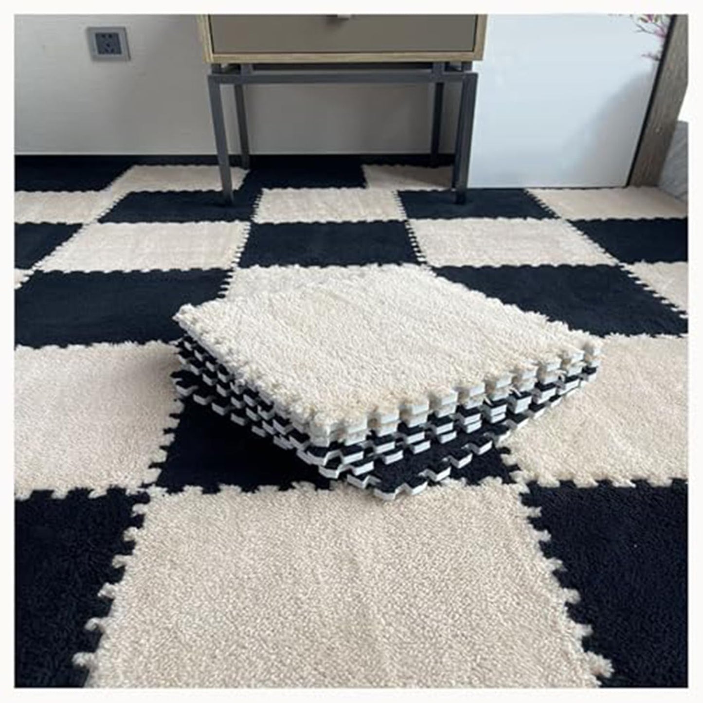 24Pcs Plush Foam Floor Mat Square Interlocking Carpet Tiles 12X12 Inch Puzzle Piece Carpet Squares Thick Fluffy Foam Floor Tiles Carpet for Parlor Bedroom (Black+Lightbrown)