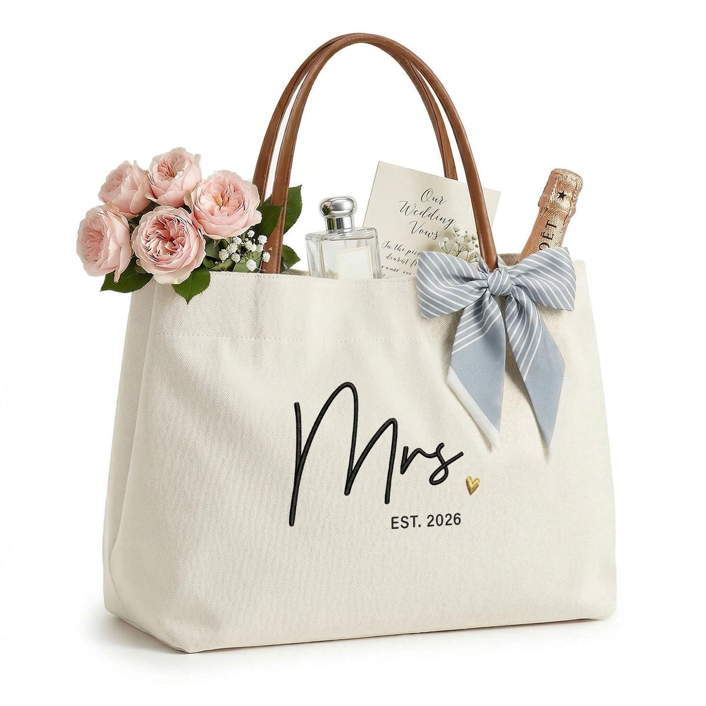 Ugiftcorner Mrs Gifts for Bride Tote Bag 2026, Embroidered Canvas Wedding Essential Bag with Leather Handle & Pocket, Bridal Shower Gift for Bride to Be, Bachelorette Honeymoon Future Mrs Beach Bag