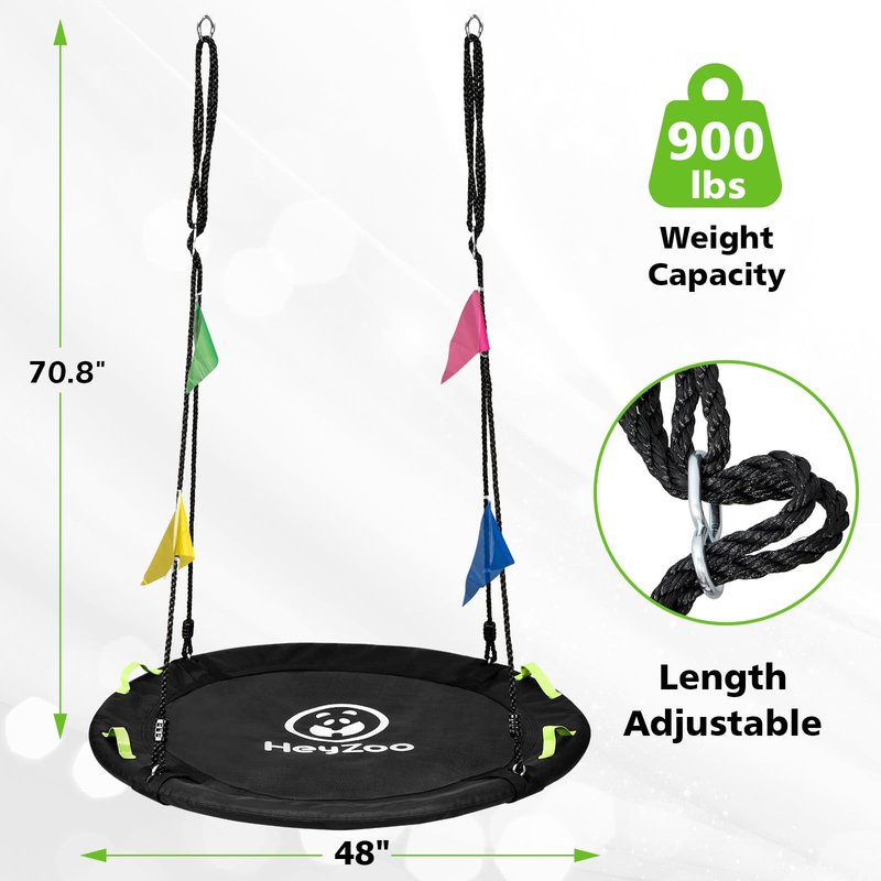 HeyZoo 48 inch Tree Swing, Larger Saucer Flying Swing for Whole Family, 900lbs Weight Capacity, with Adjustable Hanging Straps, for Outdoor Backyard, Gifts for Kids, Black