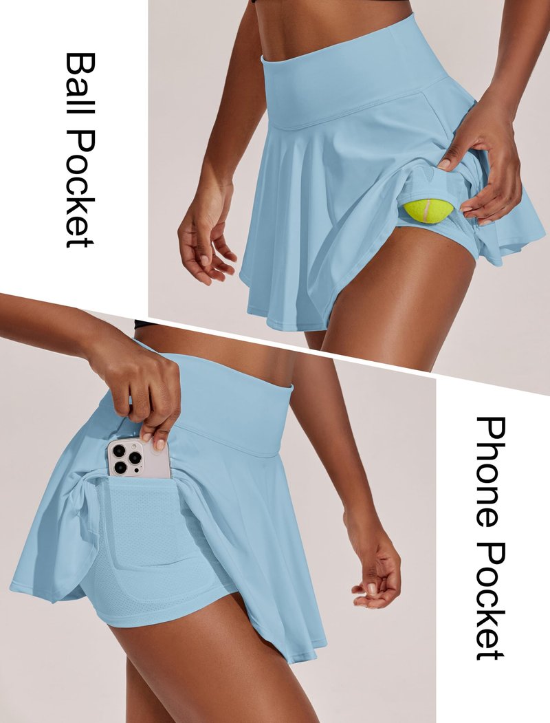 PINSPARK Tennis Skorts Skirts for Women 14" High Waisted Golf Skirts with Pockets Solid Workout Skorts Light Blue XL