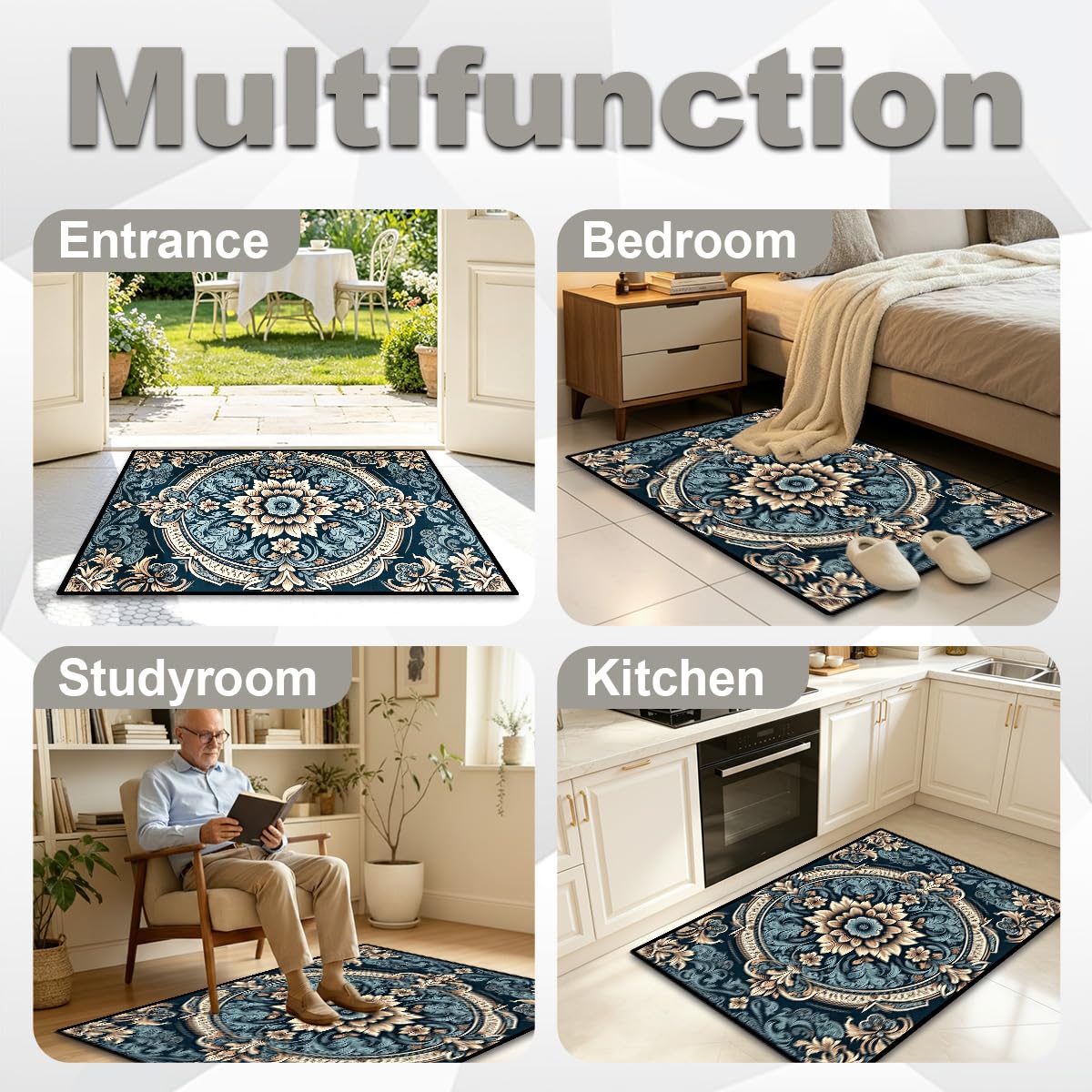 Washable Corridor Runner Rug, Non-Slip Hallway Rug with Upgrade Rubber Backing, Stain Resistant Faux Wool Distressed Carpet for Bedroom Kitchen Laundry Corridor Balcony (Navy Blue‌, 35.4" x 23.6")