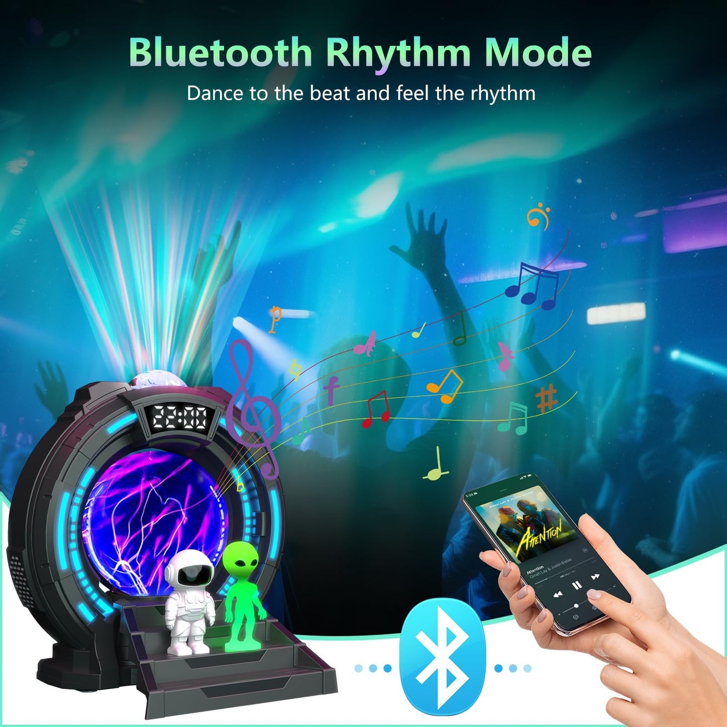 Roujune Galaxy Projector with Plasma Ball, 8 Aurora Lights, White Noise Machine, Bluetooth Speaker, Timer Alarm Clock, Remote Controlled Night Light for Bedroom, Kids/Adults, Party