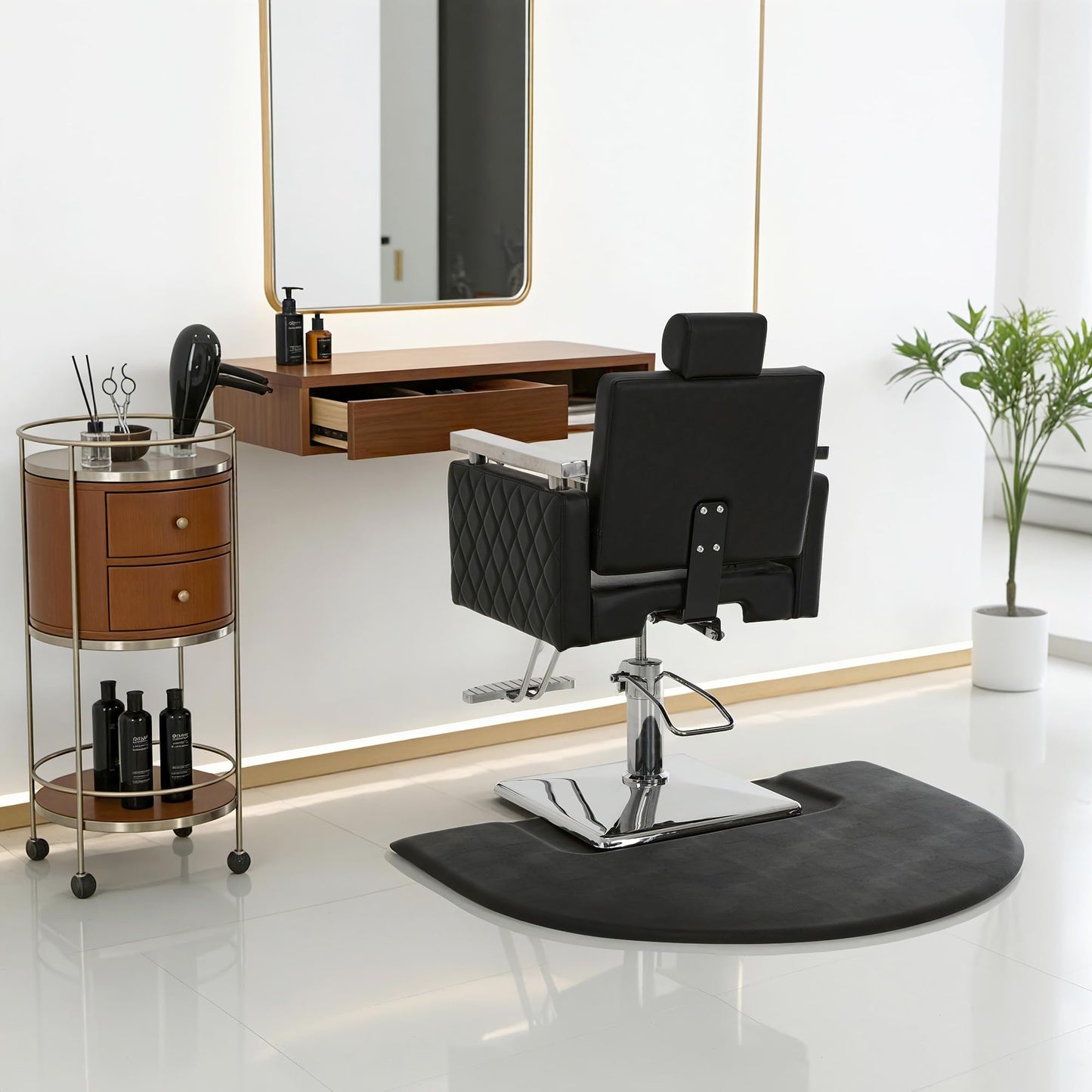 BarberPub 3 x 4 ft Anti-Fatigue Hair Salon Mat for for Hard Floors, Comfort Semicircle Barber Standing Mat for Square Base Chair 0075, Black, PU Foam