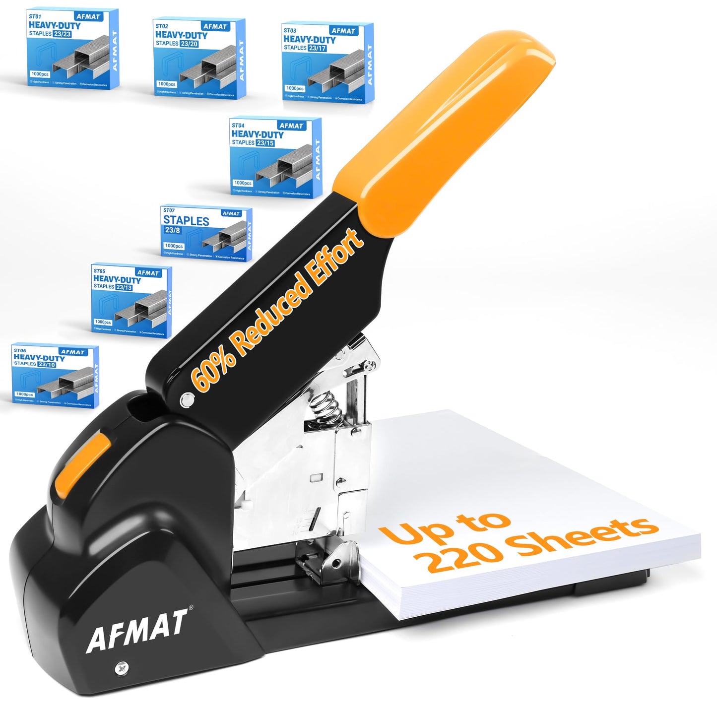 AFMAT Heavy Duty Stapler, 220 Sheets Capacity Stapler for Classroom, 60% Reduced Effort, Jam Free, Adjustable Paper Depth, Metal Desk Office Staplers w/ 50,000+ Uses, Includes 7000Pcs Staples, ES15