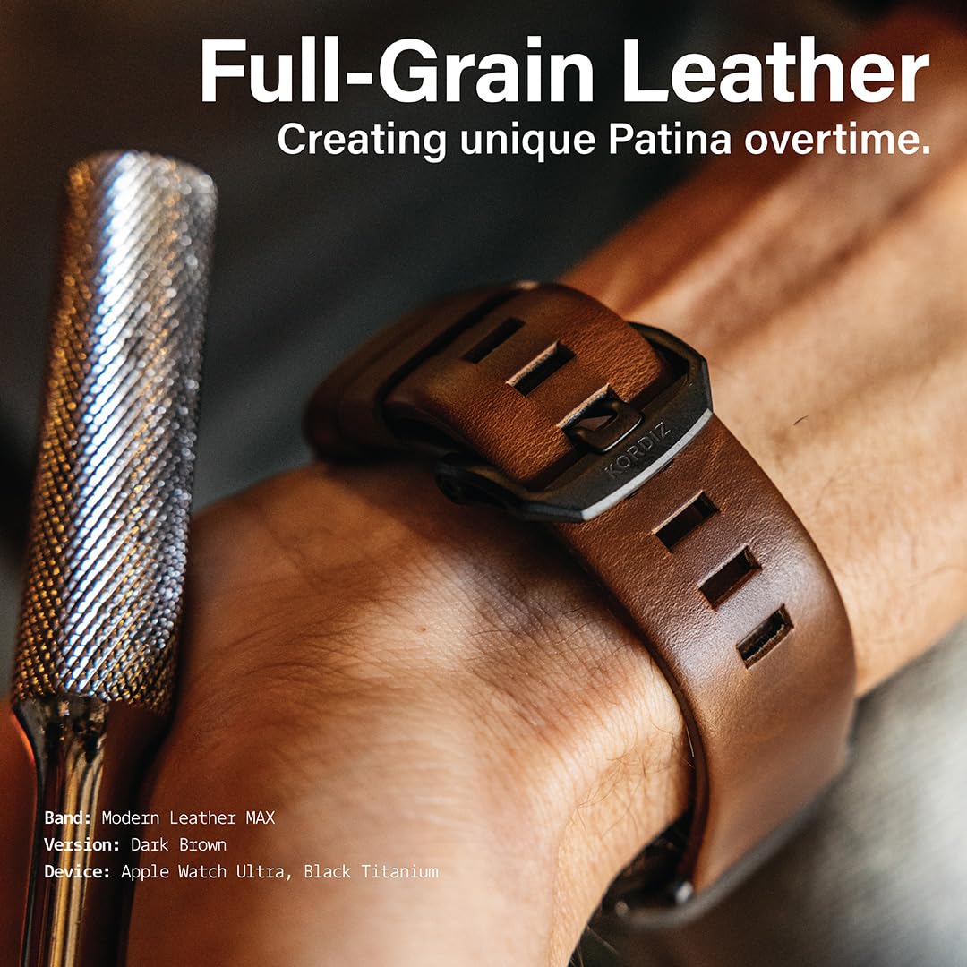 KORDIZ Modern Leather MAX Band for Apple Watch Series 11 10 9 8 7 6 5 & SE3 SE2 SE [46/45/44mm] – Premium Full-Grain Leather Strap for Men, Rugged Modern Design, Stainless Steel Buckle, Comfortable Everyday Fit – 26mm Wide Leather Band (46/45/44mm | Dark