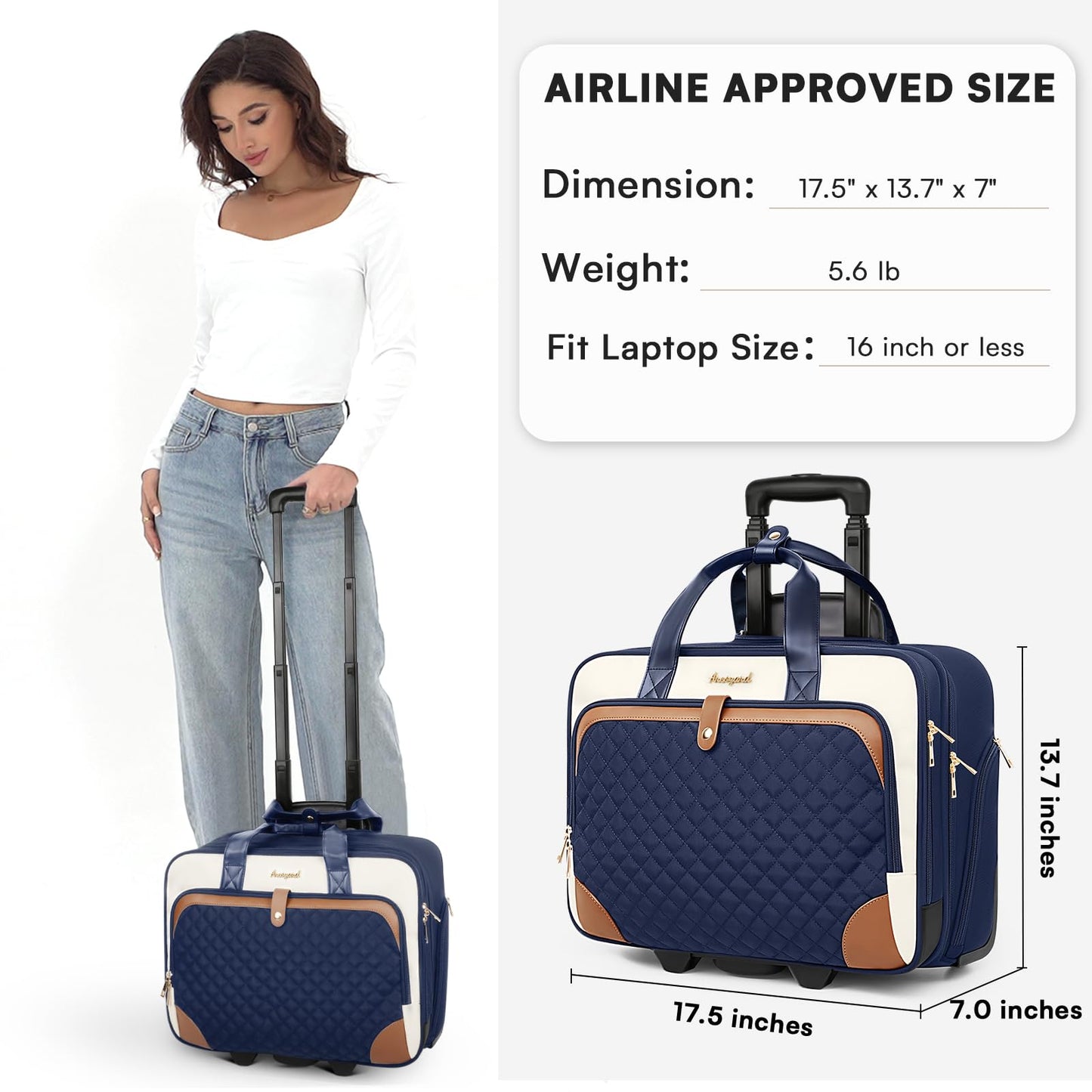 Arcoyard Rolling Laptop Bag, Rolling Briefcase for Women with Waterproof Pocket, 16 Inch Computer Bag, Underseat Carry On Luggage with Wheels for Work Travel Business, Lightweight Navy Blue Brown