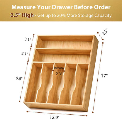 Umilife Bamboo Kitchen Drawer Organizer, 13 Inch Silverware Utensil Tray Holder, Extra Deep Grooved Drawer Divider, 7 Slots Total Bamboo Wood Caddy for Flatware Cutlery Knives, Forks, Spoons