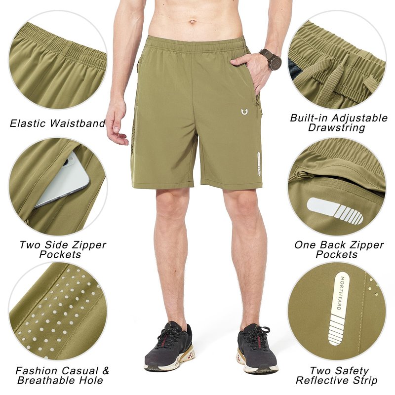 NORTHYARD Men's Athletic Running Shorts Gym Workout 7"/9"/5" Quick Dry Lightweight Sports Basketball Tennis 3 Zipper Pockets Khaki L