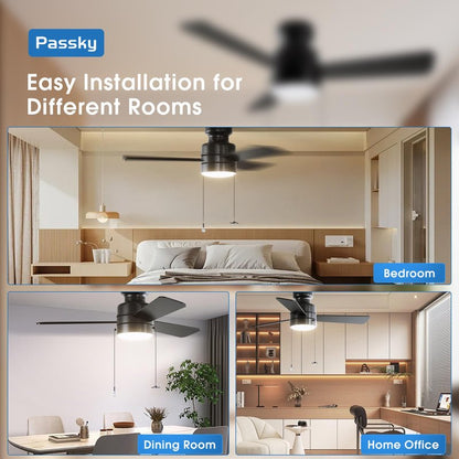 Passky Ceiling Fans with Lights, 42 inch Low Profile Ceiling Fan with Pull Chain and Remote Control, Flush Mount, Reversible, 5CCT, Dimmable, Noiseless, Black Pull Cord Ceiling Fan for Bedroom