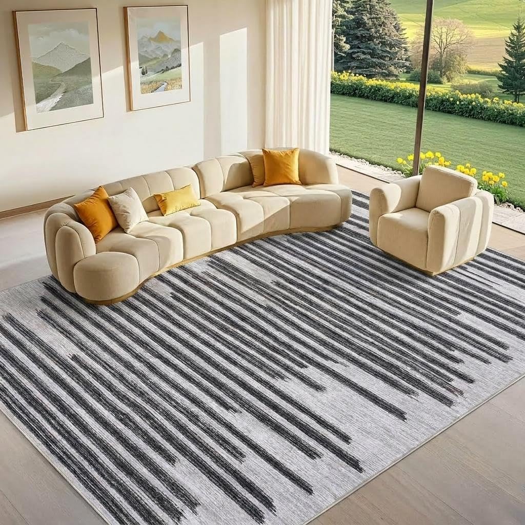 GarveeHome 8x10 Washable Living Room Rug Modern Striped Non Slip Low Pile Indoor Carpet for Home Office Bedroom Dining Room Geometric Stain Resistant Simple Rugs, Black Grey