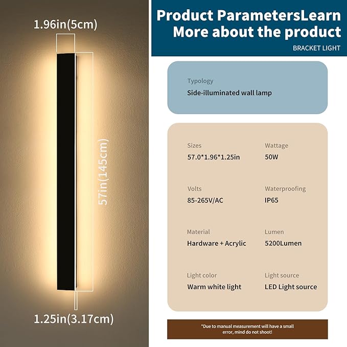 57inch Modern LED Wall Sconce, Black Outdoor Wall Light, 3000K Warm White, 50W, IP65 Waterproof, Long Linear Wall Mount Lighting, Outside Exterior Lights for Garage, Patio, Garden