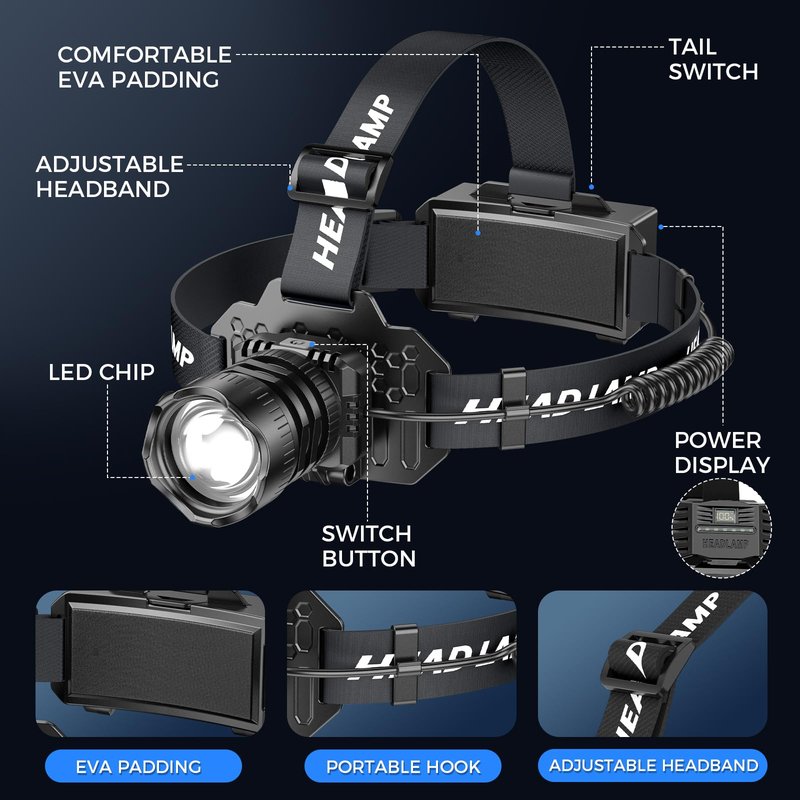 Curtsod Rechargeable LED Headlamp 2-Pack - 99000 Lumens Super Bright with Motion Sensor & 90° Rotation - Waterproof Headlight for Camping, Hiking, Running - 3 Light Modes