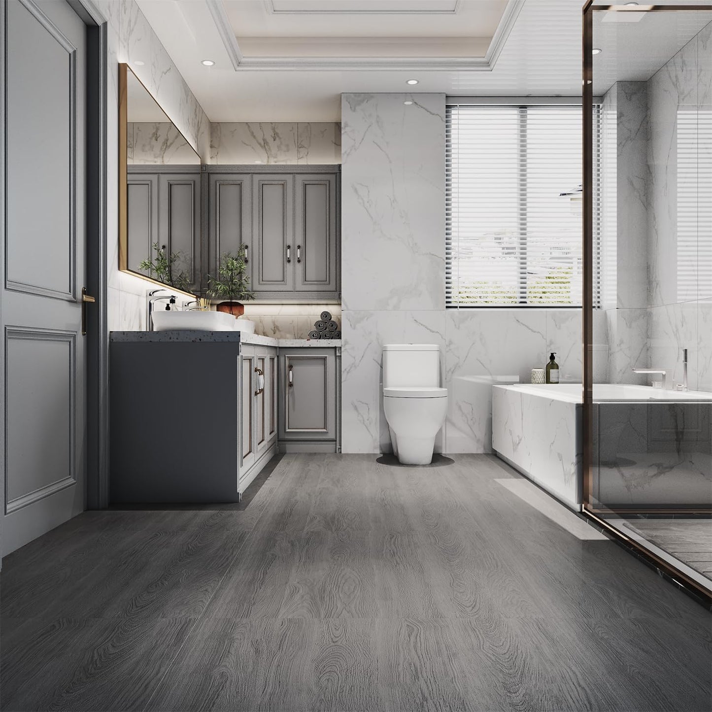 ZRJT Peel and Stick Floor Tile 11.8” x 590” Vinyl Flooring Roll Cover 48.4 Sq.Ft. Waterproof Scratch-Resistant DIY Self-Adhesive PVC Wood Flooring for Renter, Kitchen, Bathroom, RV, Grey