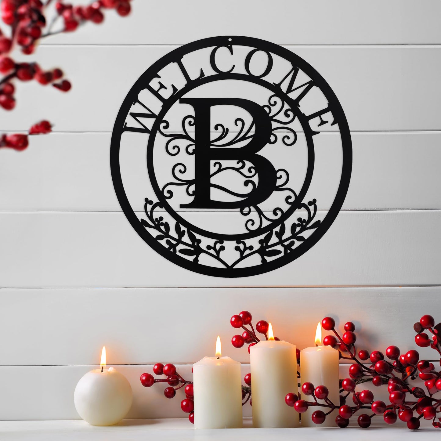 BVLFOOK Metal Wall Art, Letter B Monogram, Personalized Name Sign, Black Wall Decor, Custom Family Name, Welcome Plaque for Door Living Room Kitchen Dining Room Indoor Outdoor Decoration Christmas