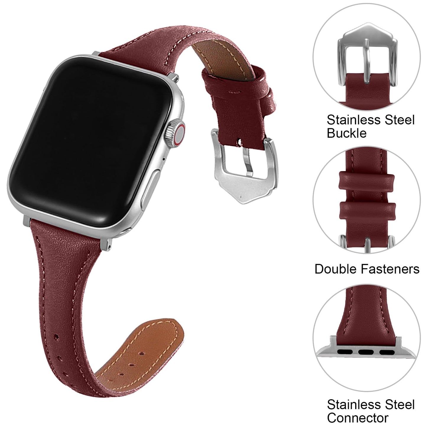 Slim Soft Genuine Leather Bands Compatible with Apple Watch Band 42mm 44mm 45mm 46mm 49mm for Women, Dressy Durable Leather Replacement Strap for iWatch Ultra1/2/3 SE1/2/3 11 10 9 8 7 6 5 4 3 2 1