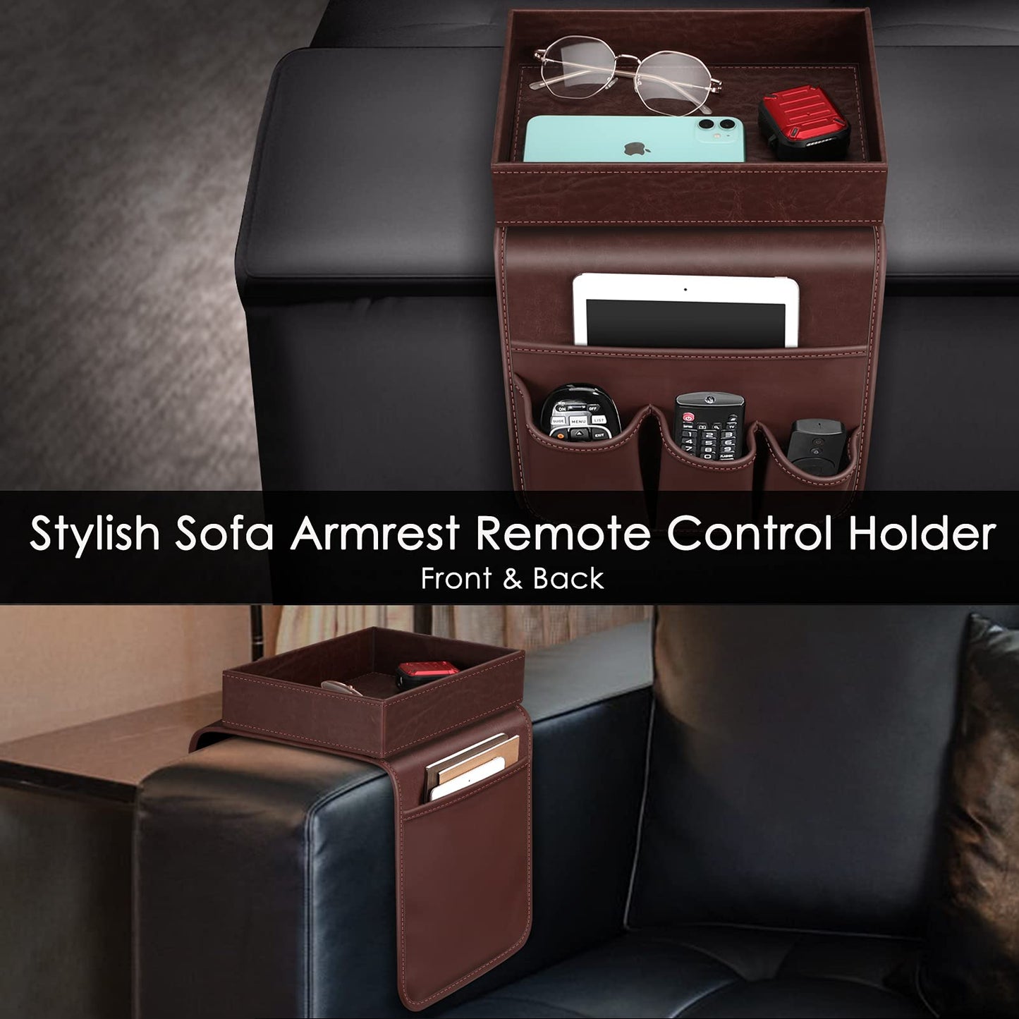 SITHON Sofa Remote Control Holder with Detachable Tray - [Non Slip] PU Leather Chair Couch Armrest Organizer Caddy with 5 Pockets for Magazines Phone iPad TV Remote Game Controller Eyeglasses (Brown)