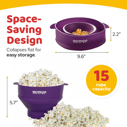 The Orginal HotPop Silicone Popcorn Maker - Microwave Popcorn Popper with Handles - Collapsible Bowl, Heat-Resistant, Easy to Clean, Ideal for Family Movie Nights, 15-Cup Capacity - Red
