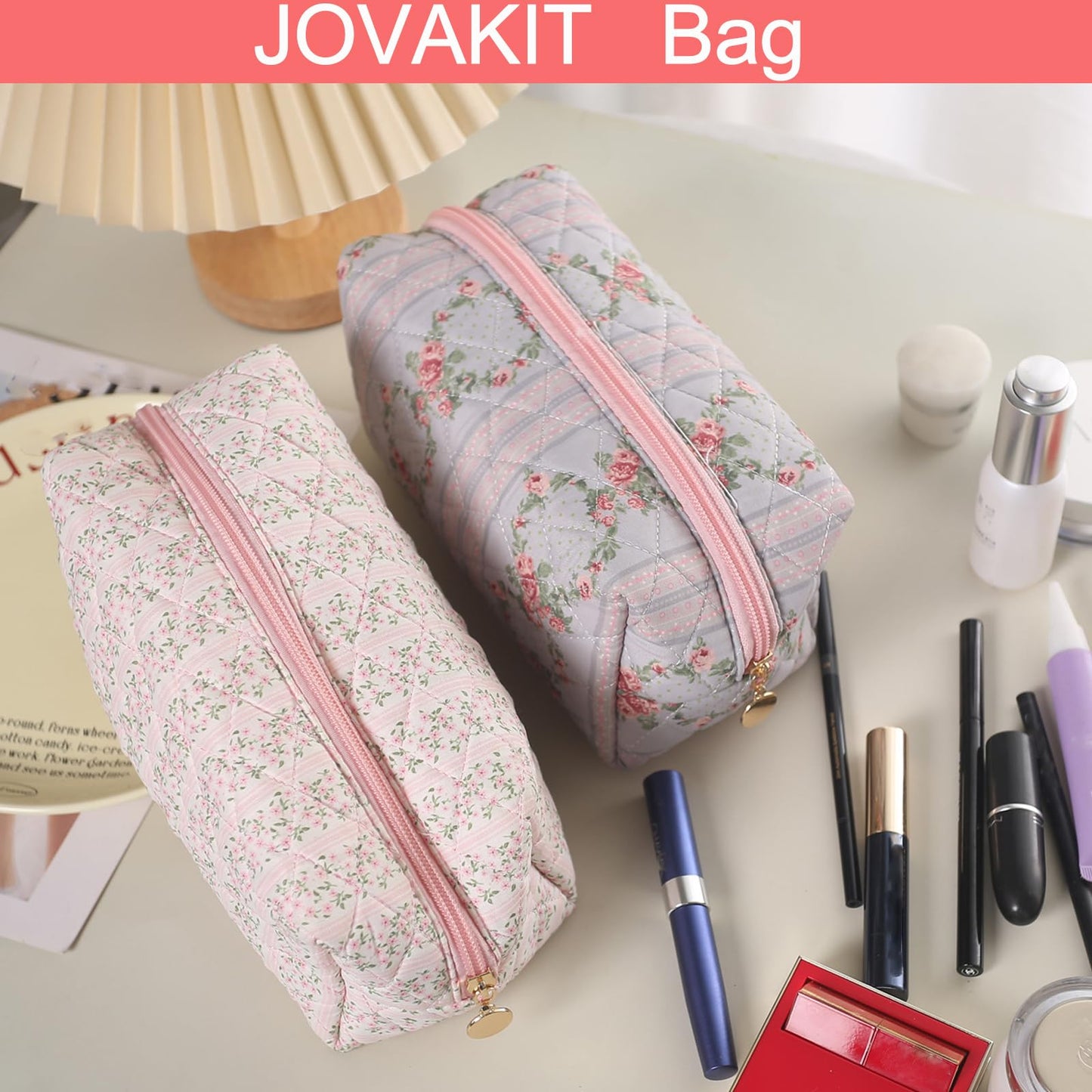 JOVAKIT Square Makeup Bag Cute Cosmetic Bag for Women, Floral Coquette Aesthetic Toiletry Bag, Zipper Make Up Pouch, Travel Make Up Organizer Bag (Pink Floral)