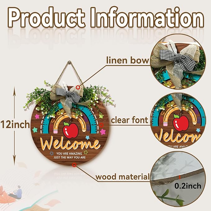 Teacher Classroom Door Sign Wooden Welcome Door Sign for Classroom Apple Star Flower Teacher Wreath for Classroom Door Rainbow Hanging Plaque Kids Classroom 12 inch