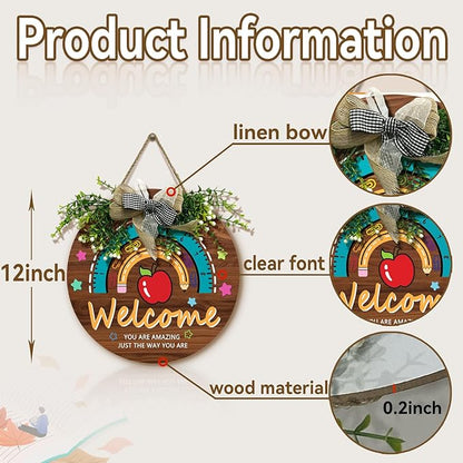 Teacher Classroom Door Sign Wooden Welcome Door Sign for Classroom Apple Star Flower Teacher Wreath for Classroom Door Rainbow Hanging Plaque Kids Classroom 12 inch