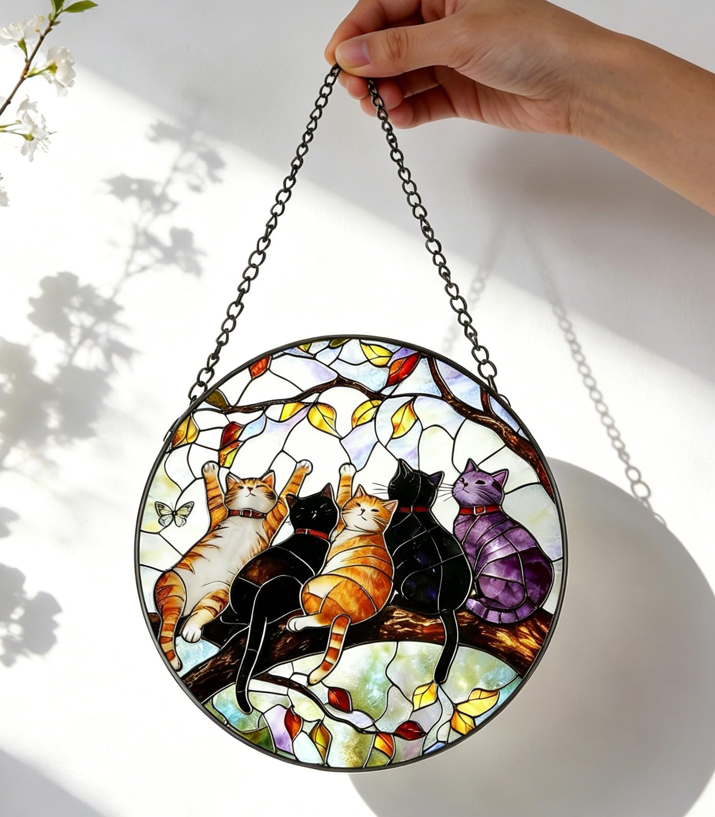 NGOKPYD Cat Stained Glass Window Hanging - 5 Happy Kittens on a Branch Suncatcher for Window Doors Home Decoration and Christmas, Mother's Day Birthday Gifts for Women Men Mom 6.3x6.3 inch