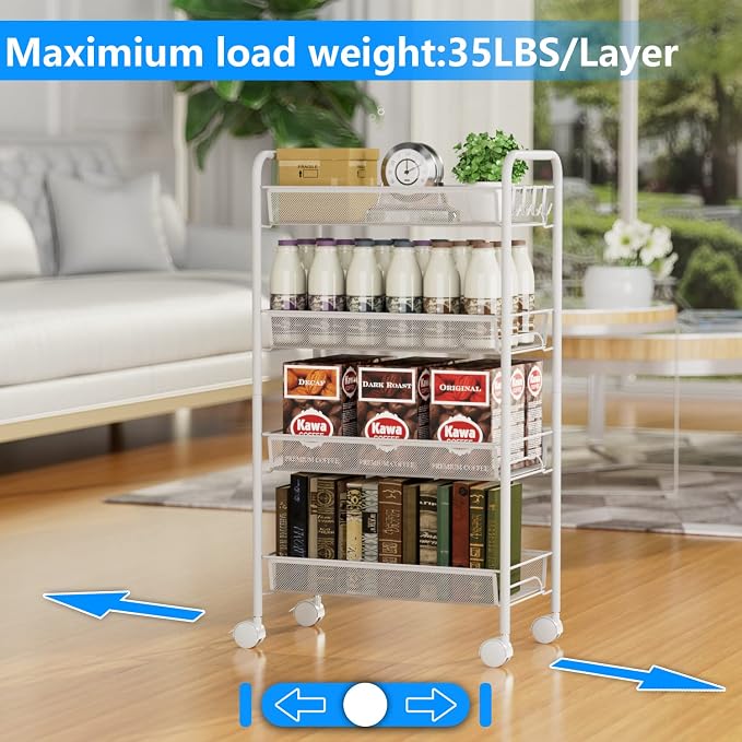 OVICAR 4 Tier Mesh Wire Rolling Cart, Kitchen Storage Organizer Utility Cart, Full Metal Basket Storage Art Trolley Carts with Wheels & 4 Side Hooks