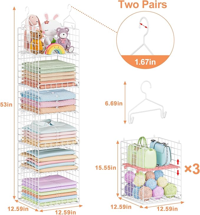 6 Tier Raised-Height Hanging Closet Organizer, Stackable Sweater Organizer