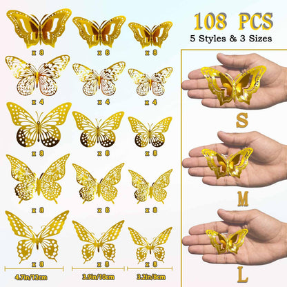 Kisajar Butterfly Wall Decor,108 Pcs 3D Gold Butterflies - 5 Styles 3 Sizes Removable Decorative Butterflies Stickers for Bouquets,Birthday Party,Wedding,Cake Decorations
