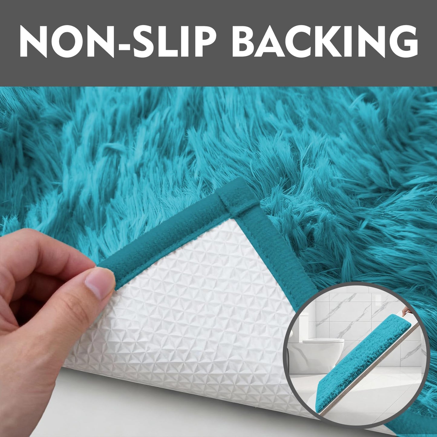 RUN HELIX Shaggy Bathroom Rugs Sets 3Piece Bath Mat for Bathrom Non-Slip Bathrom Mats Water Absorbent Bath Rug Floor Mats Soft Washable Shower Rug with U-Shaped Contour Rug Toilet Lid Cover Teal