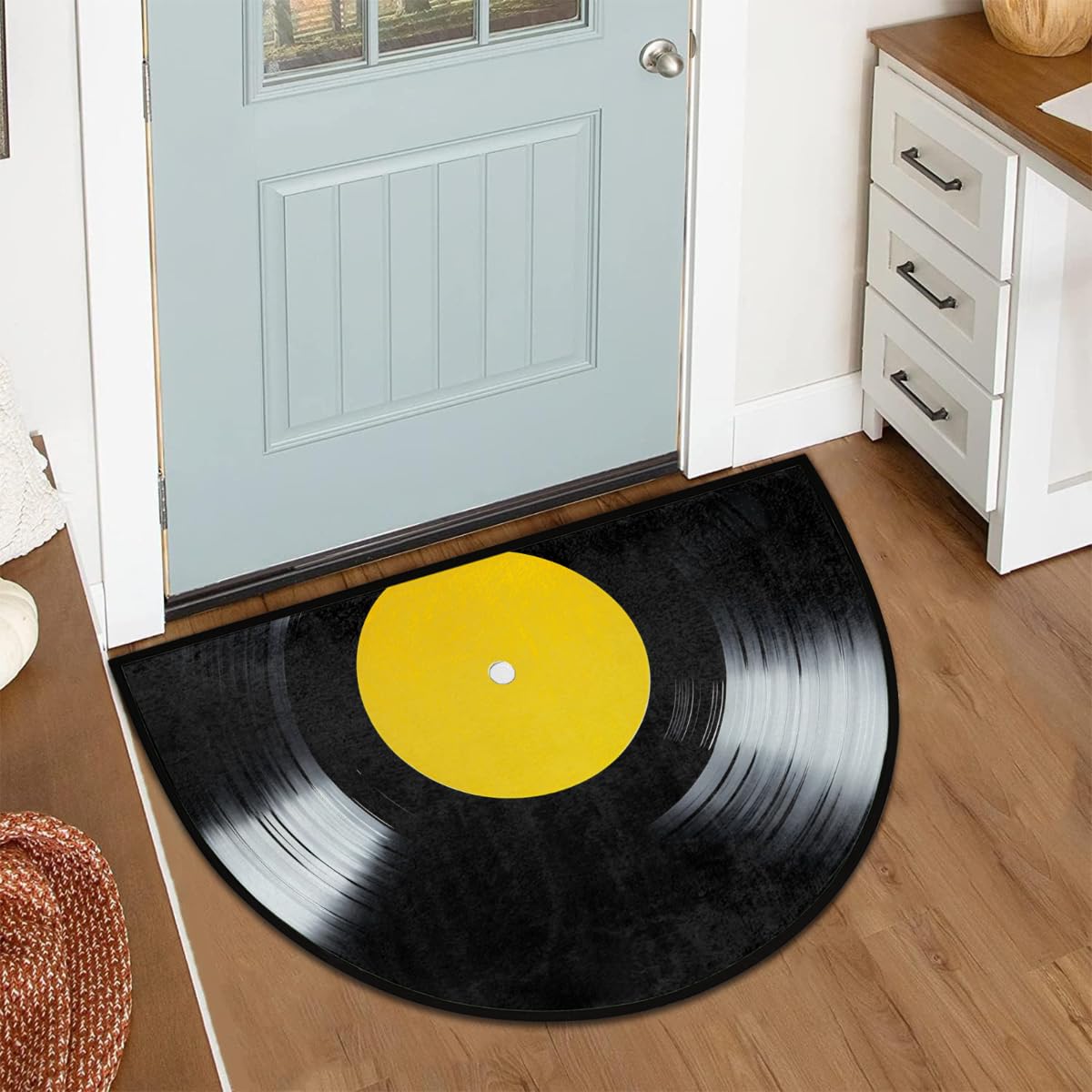 YPPAHHHH Half Round Door Mat Yellow Label Black Vinyl Record Welcome Mats Non-Slip Front Doormat Indoor Entrance Half Circle Bathroom Mat Low-Profile Kitchen Floor Mats, 36x24in