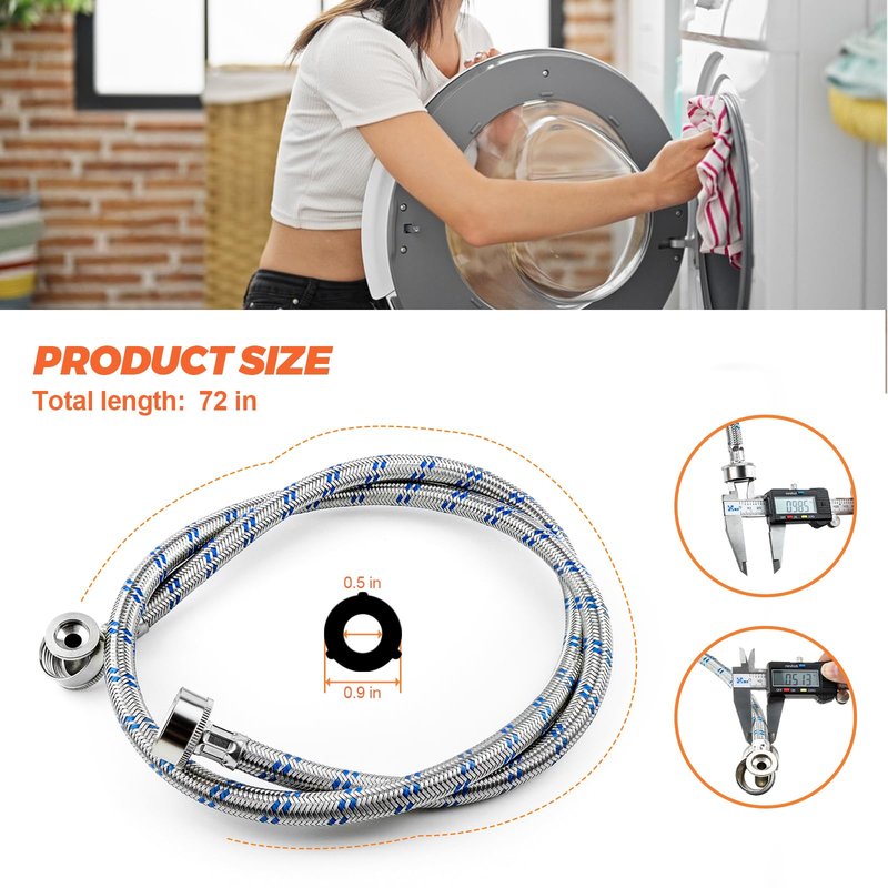 6FT Washer Stainless Steel Hoses with 90 Degree Elbows by Beaquicy - Burst Proof 3/4" FHT Standard Thread - 2 Pack Red and Blue Braided Hoses for Hot and Cold Water Supply - 10 Year Warranty