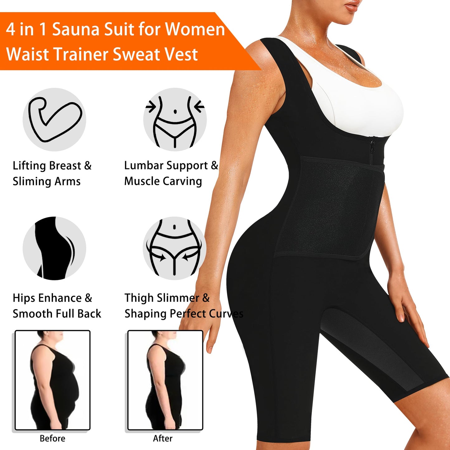 LMCOB Sauna Suits for Women Full Body Sauna Waist Trainer Vest Workout Sweat Suits Sauna Jumpsuits Slimming Body Shaper With Zipper(LYBH70016-01-S)