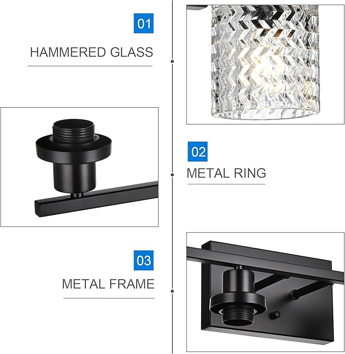 MELUCEE 3 Lights Modern Bathroom Light Fixtures Black Vanity Lights Indoor Wall Mounted Light with Hammered Glass Shade Suitable for Bathroom Living Room Hallway
