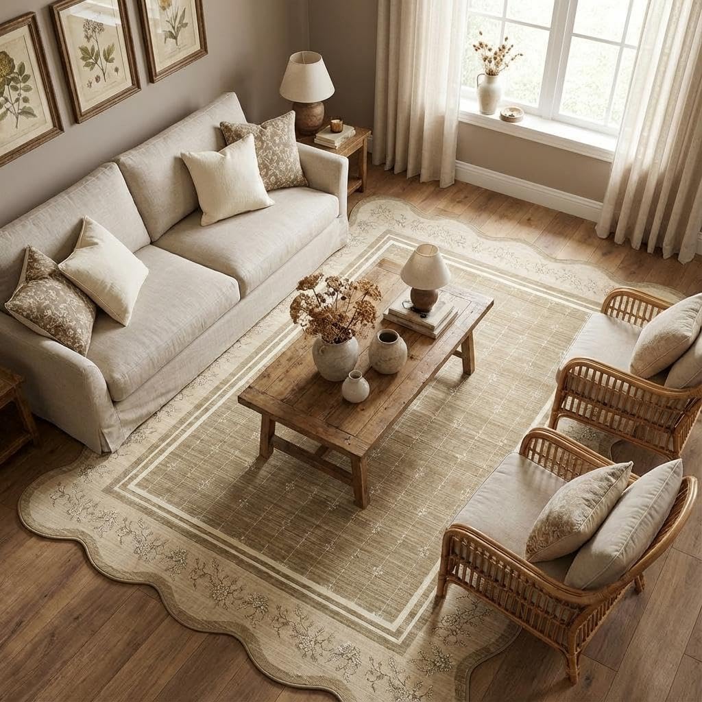 Garvee Washable Rugs for Living Room 8x10 Area Rugs for Bedroom Scalloped Rug Modern Bordered Non Slip Large Kids Bedroom Carpet Indoor Stain Resistant Floor Cover for Dining Room Office Nursery Camel