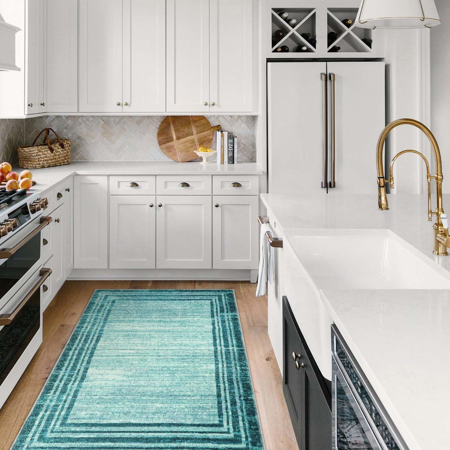 Lahome Modern Abstract Area Rug, Washable Teal 3x5 Kitchen Rugs Non Slip Large Entryway Rug Indoor, Low-Pile Soft Bathroom Mat Minimalist Throw Rug for Bedroom Living Room Stain Resistance
