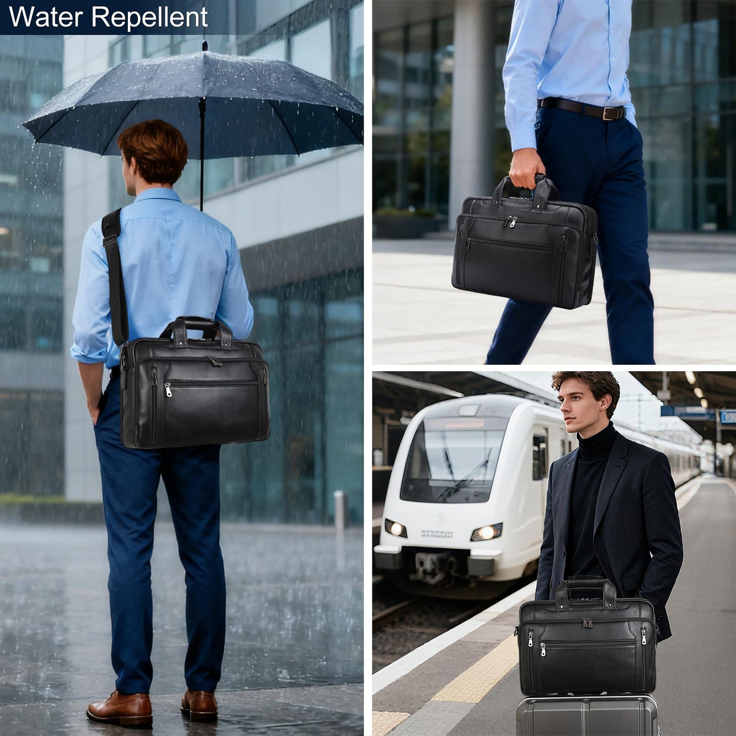 Masa Kawa Black Leather Briefcase for Men, Waterproof 16 Inch Laptop Computer Case, Crossbody Shoulder Messenger Bag for Business Travel, Office Work