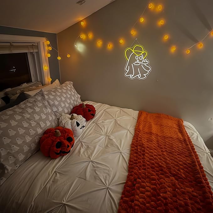 WX&YH Cowboy Ghost Giving The Finger Neon Sign Halloween Neon Signs for Wall Decor Spooky LED Lights for Porch Man Cave Room Bar Halloween Bash Unique Gift for Friends Halloween Nights