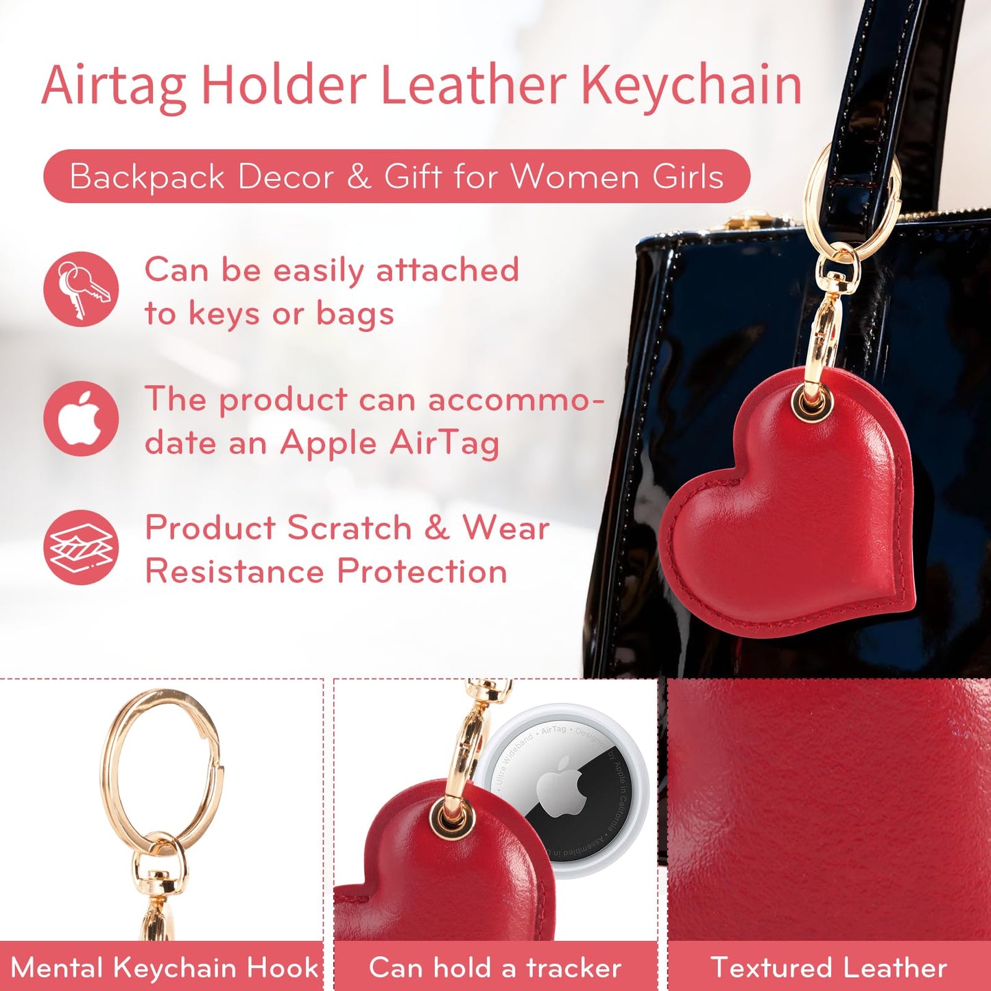 Leather Charm Keychain Holder Case Compatible with AirTag,Cute Protective Star-Shaped Cover with Luxe Ring Clip,Finder GPS Tracker Case for Wallet Keys,Bag,Pets(Golden)